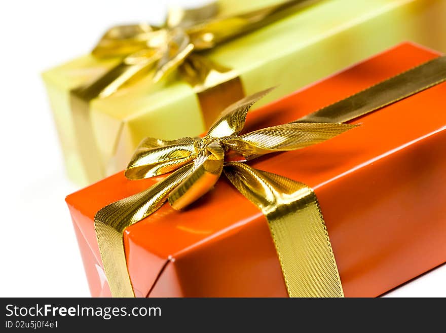 Christmas Time,Gift box with golden ribbon,isolated on the white background