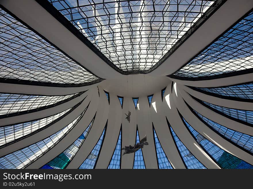 View to cross and roof of the Brasilia Cathedral in Brazil. View to cross and roof of the Brasilia Cathedral in Brazil