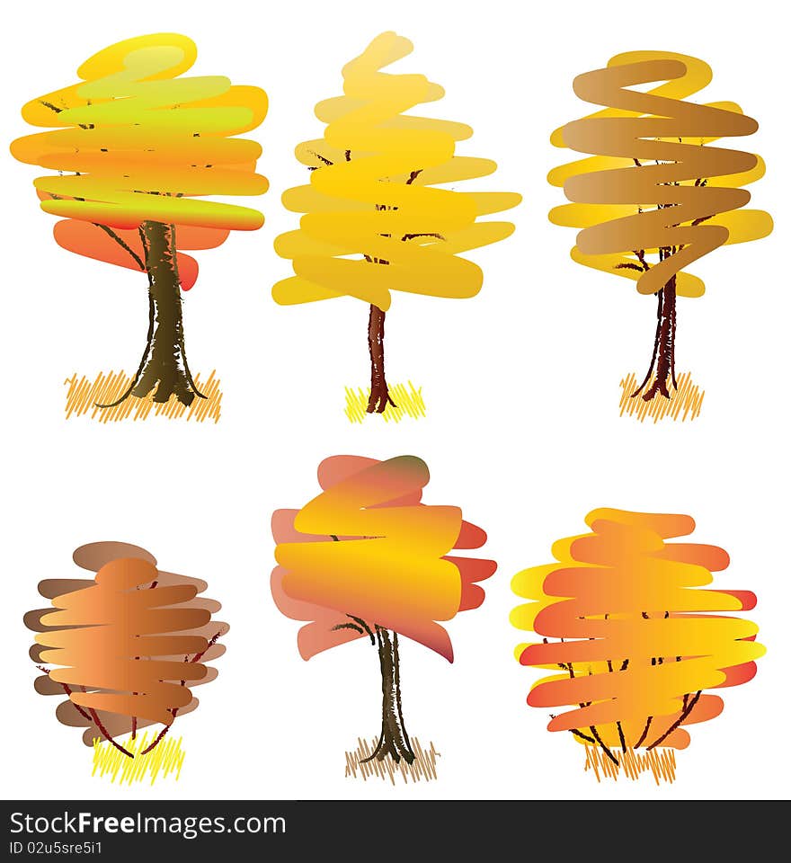 Six yellow  deciduous trees. Vector illustration