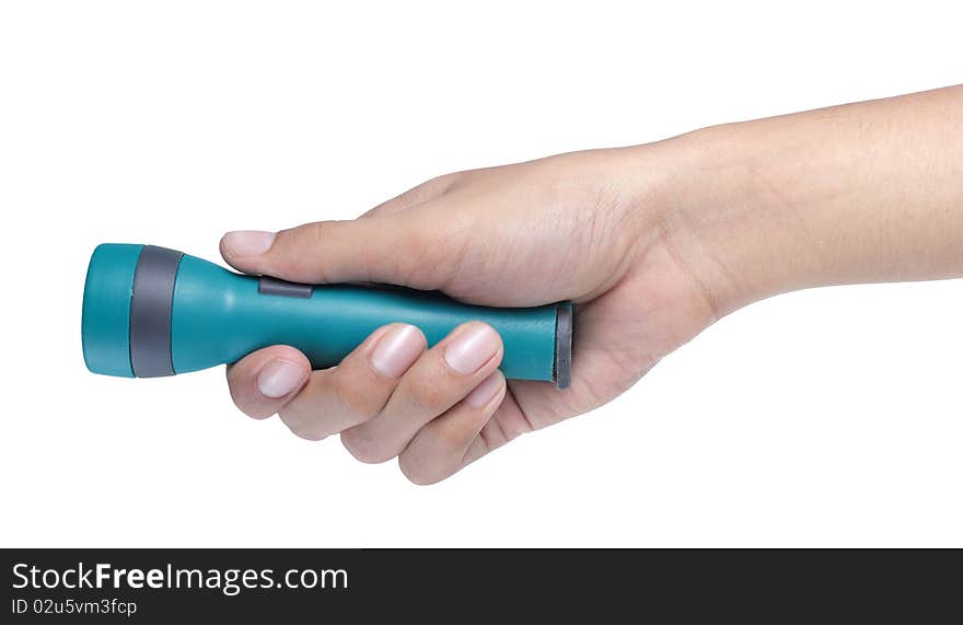 Man hand holding a flash light. Man hand holding a flash light