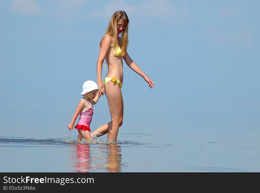 Family walk on the water