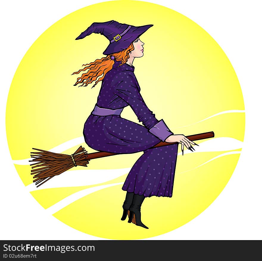 Vector illustration of a young witch, flying on a broomstick on the background of the moon. Vector illustration of a young witch, flying on a broomstick on the background of the moon