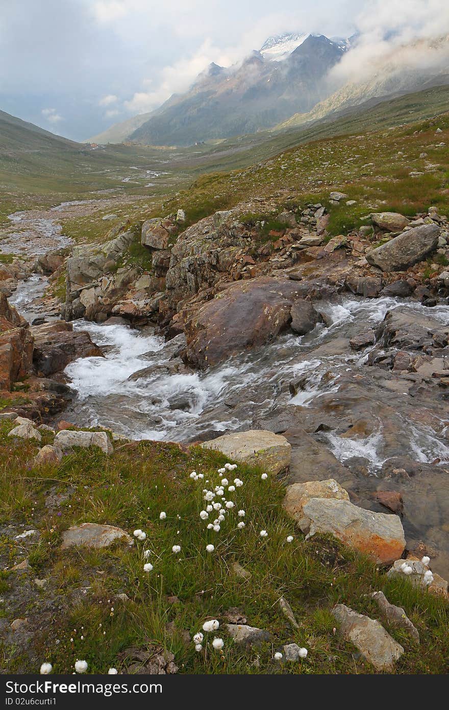 Gavia Torrent at Gavia Pass, Brixia province, Lombardy region, Italy. 2651 meters on the sea-level