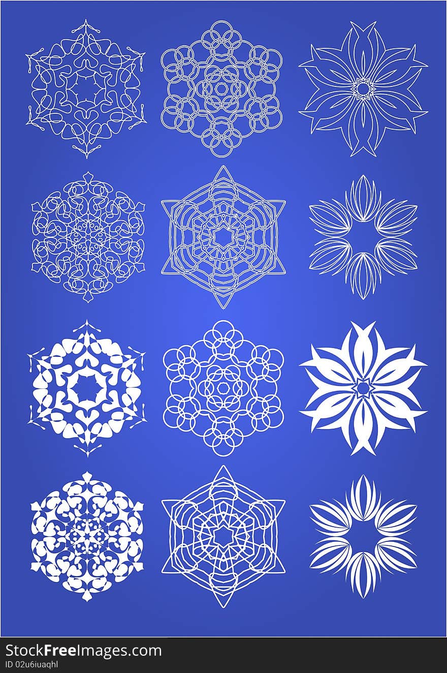 Twelve various snowflakes on a blue background. Vector illustration.