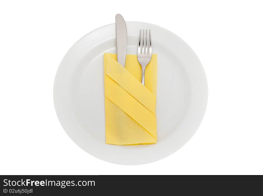 Plate with knife, fork and table napkin, include clipping path