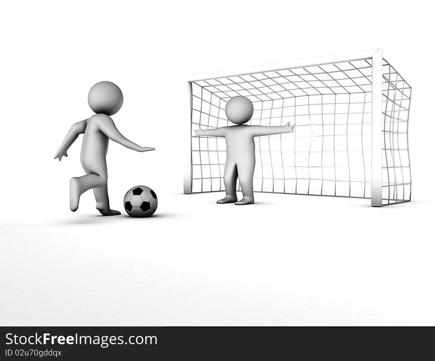 Two 3D soccer players and the gate isolated on white background