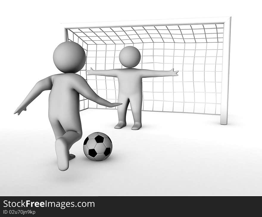 Two 3D soccer players and the gate isolated on white background