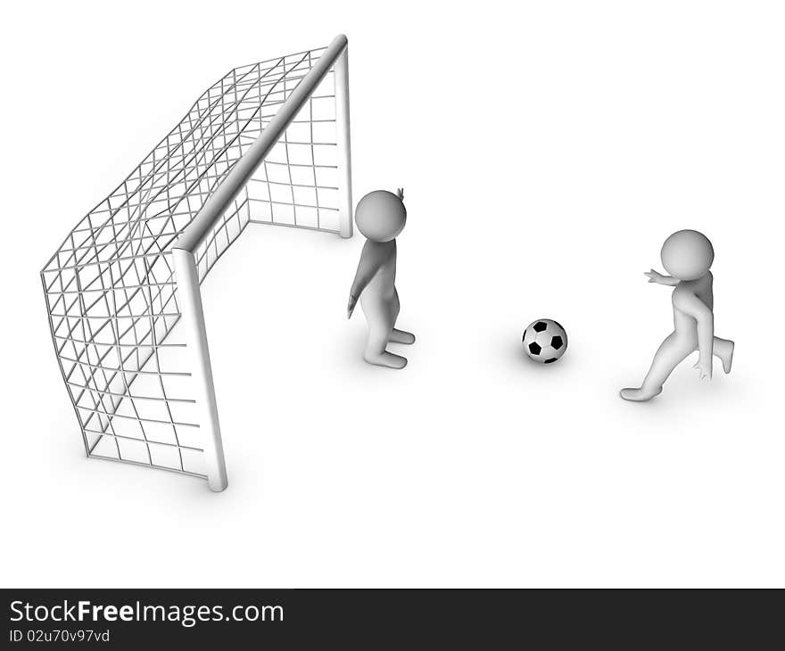 Two 3D soccer players and the gate isolated on white background