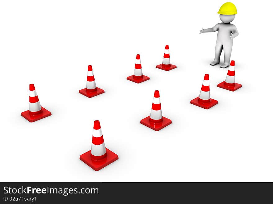 3d worker with traffic cones