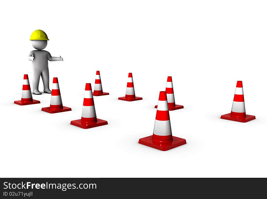 3d worker with traffic cones isolated on white background