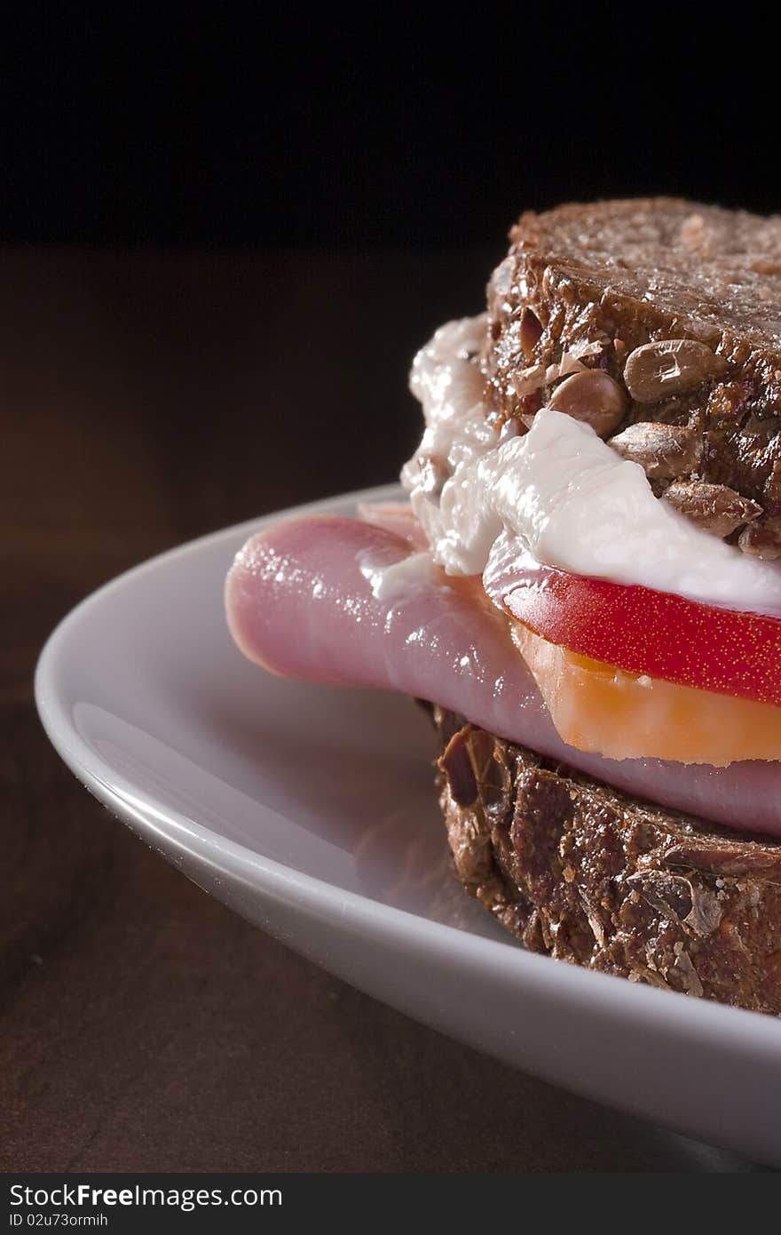 Close-up of a sandwich with turkey, cheese, tomato, and mayo on a white plate.