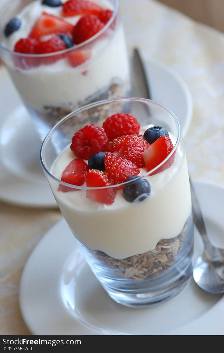 Muesli with yogurt and fresh berries. Muesli with yogurt and fresh berries