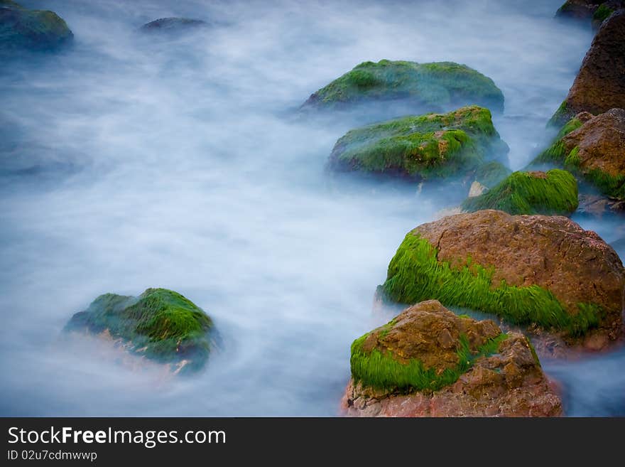 Rock covered in green algae landscape. Rock covered in green algae landscape