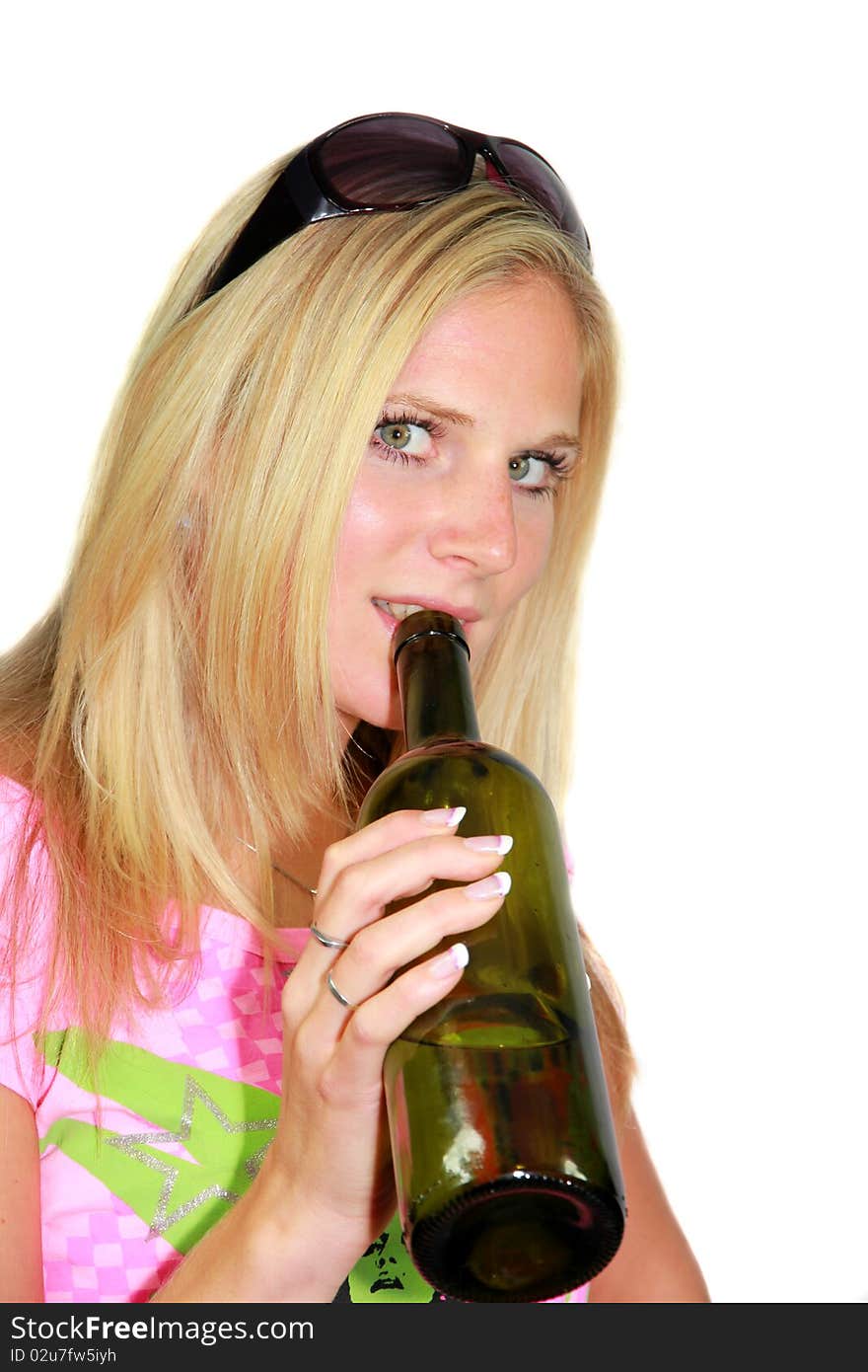 Sexy blond girl with bottle of wine