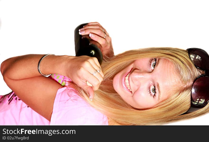 Sexy blond girl with bottle of wine