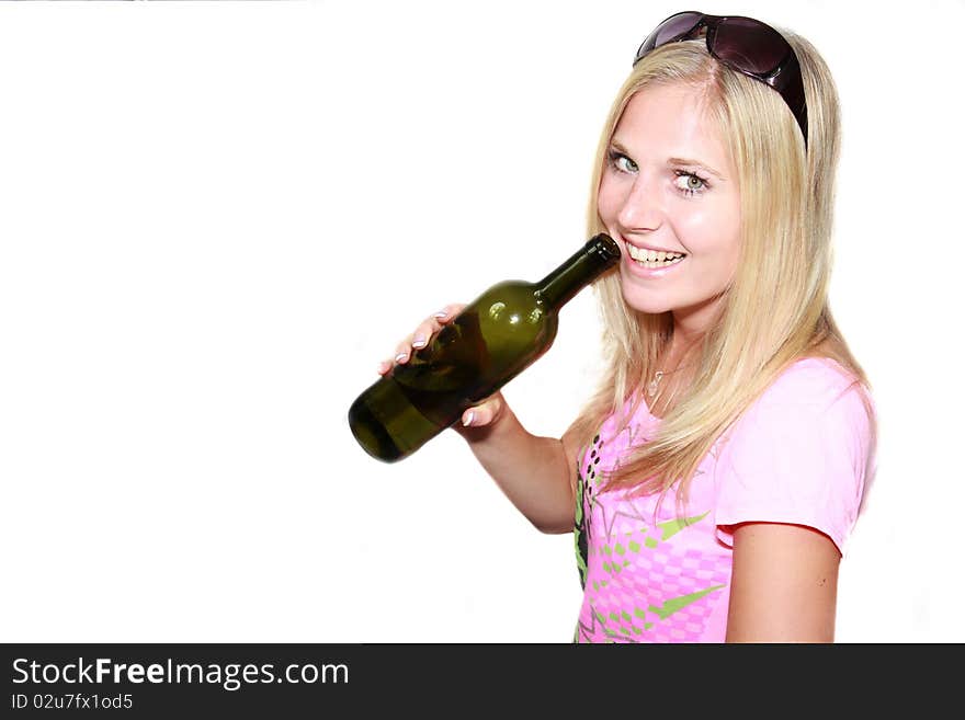 Sexy blond girl with bottle of wine