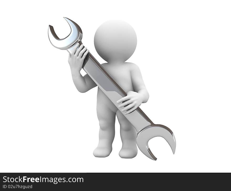 Character is holding metallic wrench. Character is holding metallic wrench