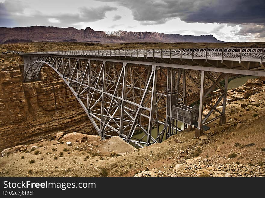 Navajo Bridge, spans the Colorado at Marble Canyon. Navajo Bridge, spans the Colorado at Marble Canyon