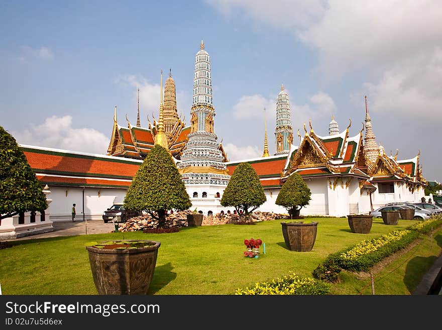 Famous Prangs in the Grand Palace in Bangkok in the temple area of the emerald buddha