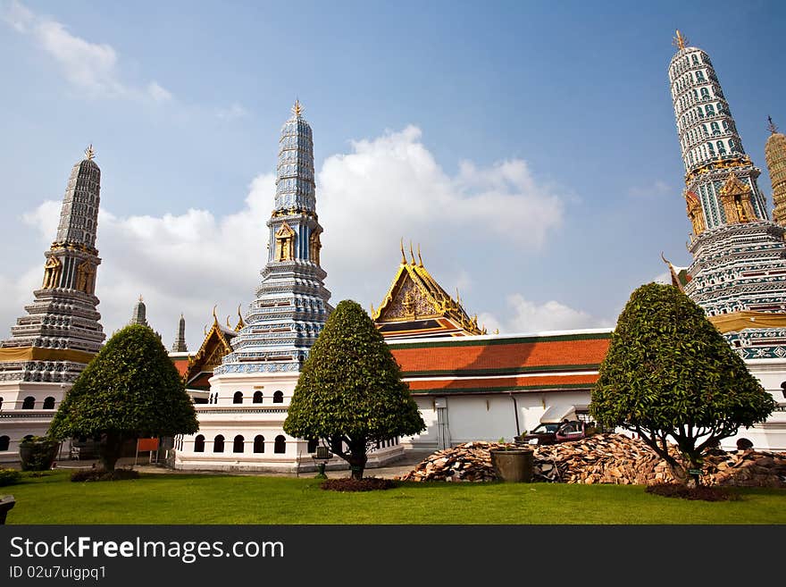 Famous Prangs in the Grand Palace in Bangkok in the temple area of the emerald buddha