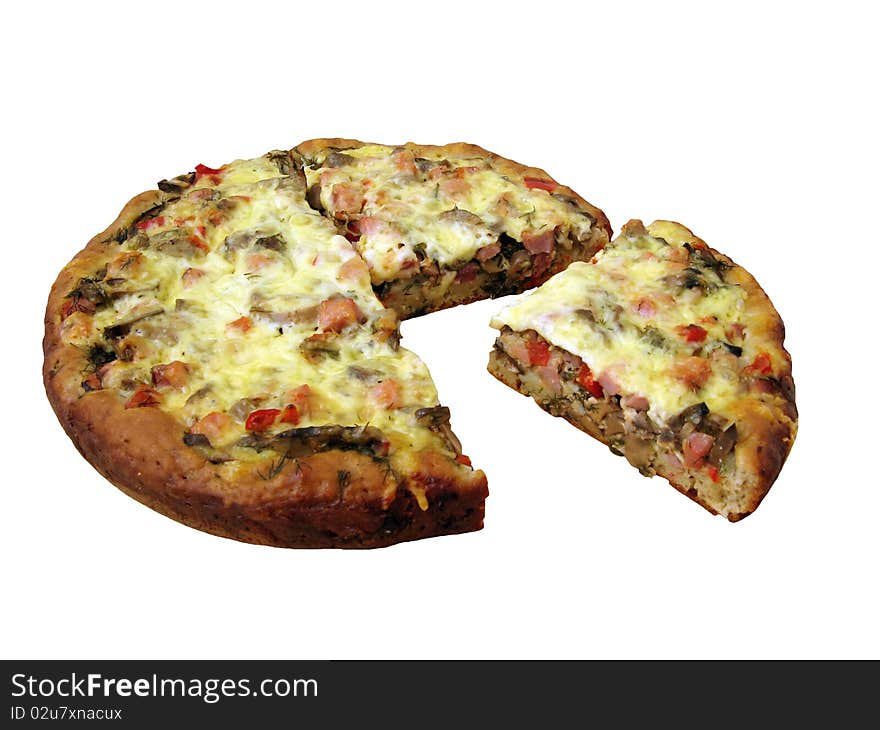 Appetizing home-made thick pizza with mushrooms and ham with the cut off slice isolated on white. Appetizing home-made thick pizza with mushrooms and ham with the cut off slice isolated on white