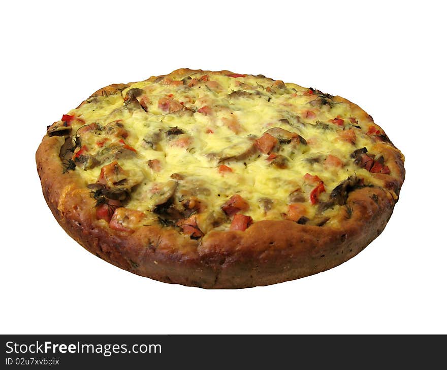 Appetizing home-made thick pizza with mushrooms and ham isolated on white