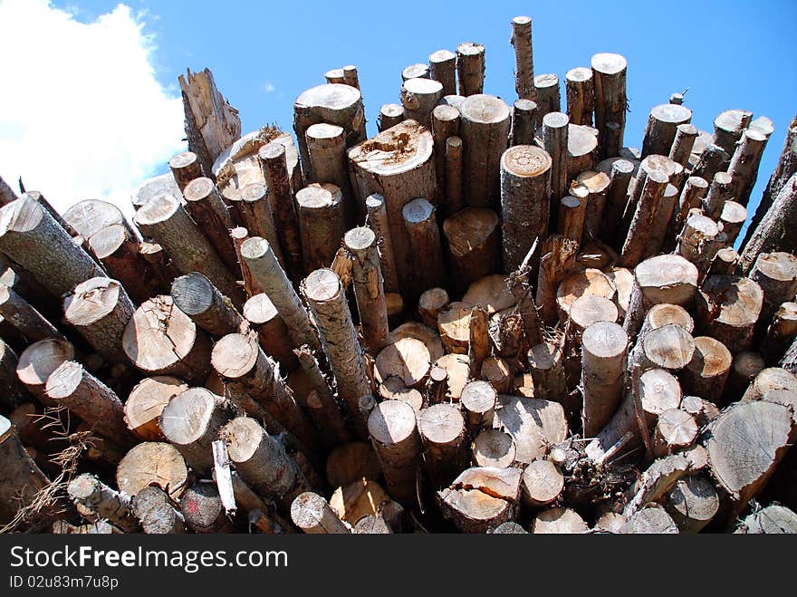 Shot of wood pile in austria beyond blue sky