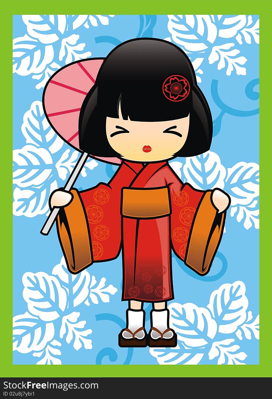 Cute Japanese girl with floral background with fan. Vector illustration. Cute Japanese girl with floral background with fan. Vector illustration.