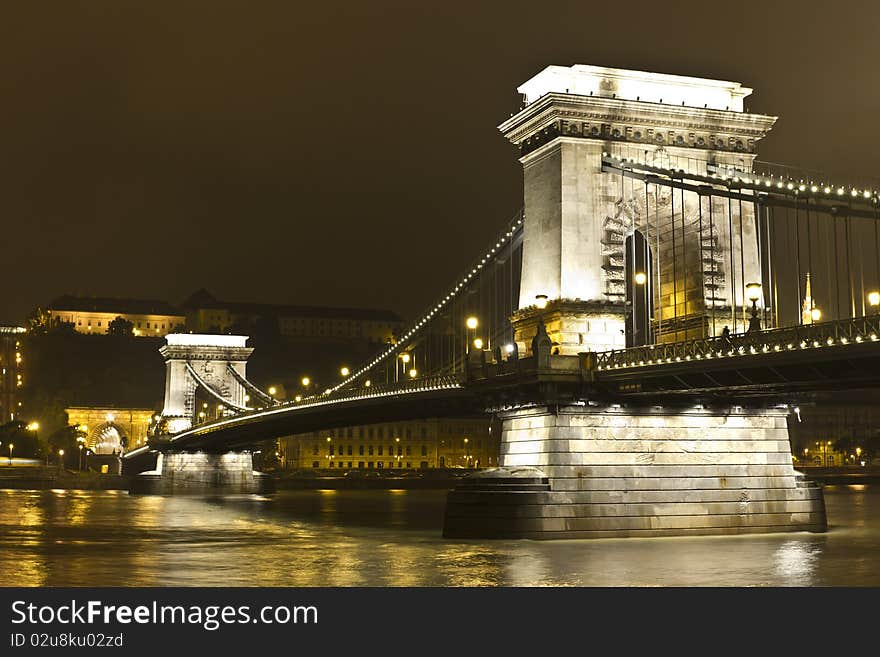 Chain Bridge in Budapest by night. Chain Bridge in Budapest by night.