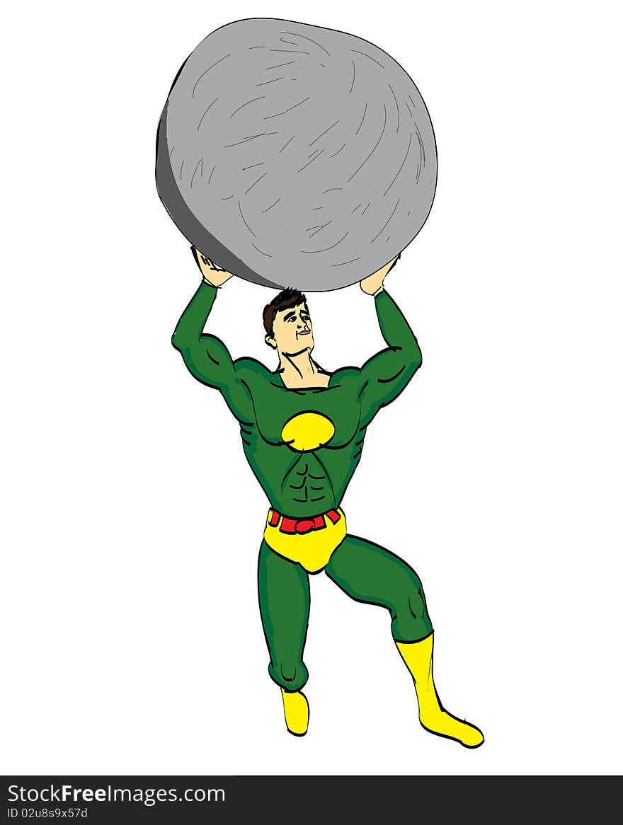 Superhero carrying a rock