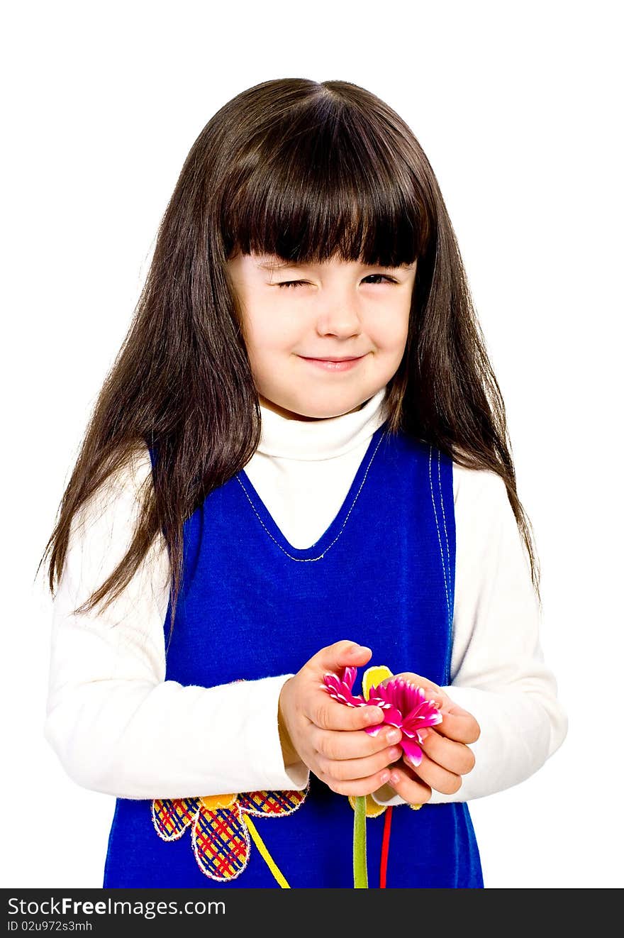 Little girl with red gerber flower.  isolated