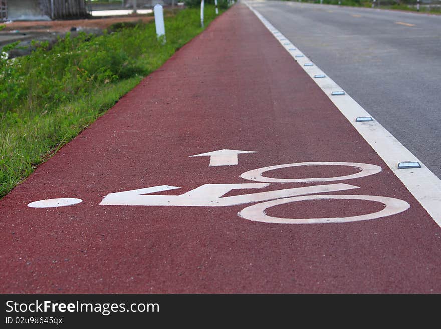 Bicycle lane with white bicycle sign.