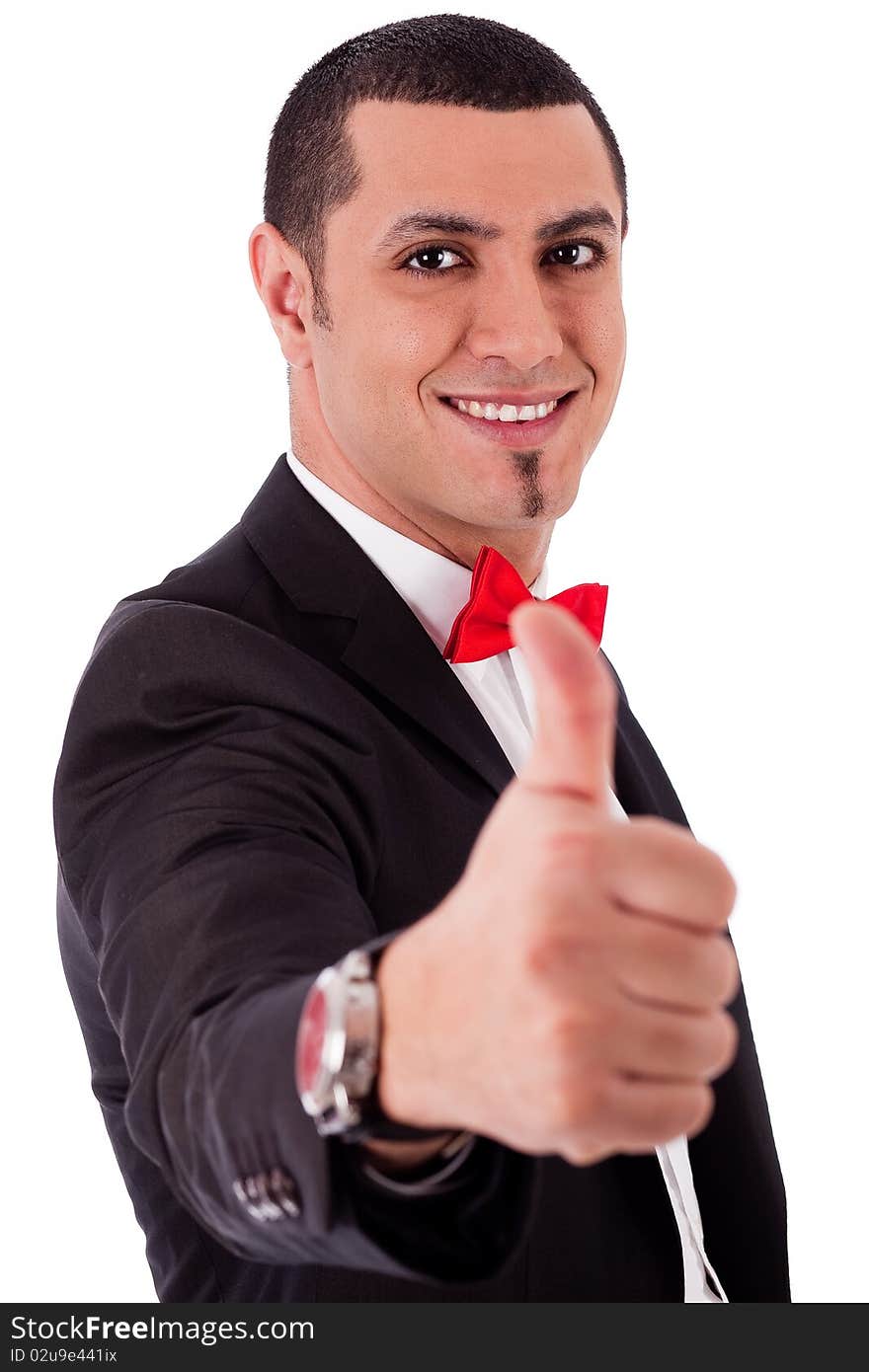 Business man showing his success with thumbs up on a white background