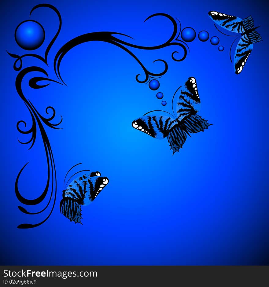 Background with tropical flowers with butterfly