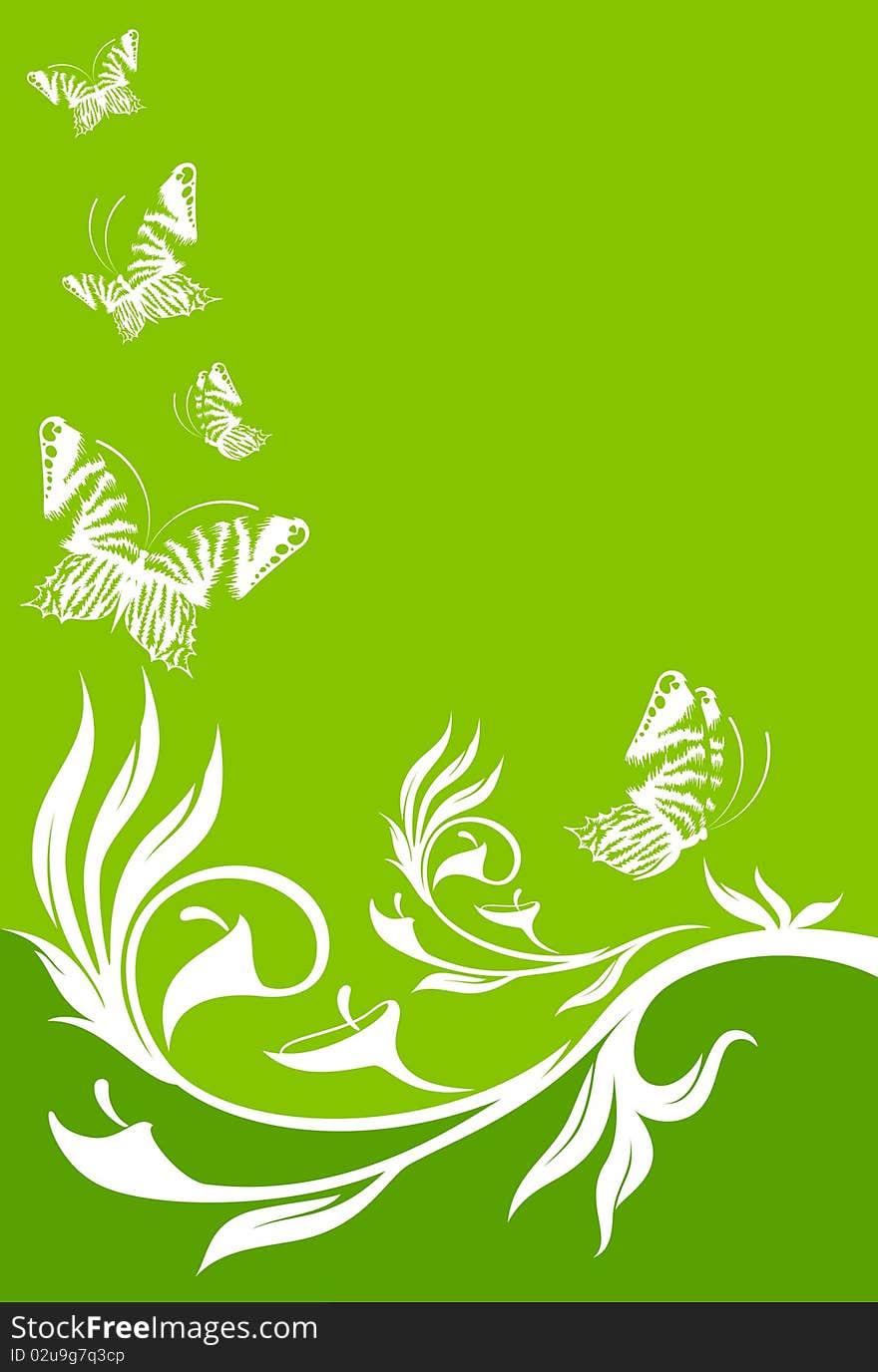 Background With Tropical Flowers With Butterfly