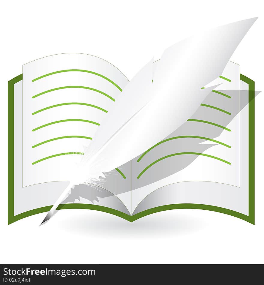 Illustration, feather and openning copy-book on white background. Illustration, feather and openning copy-book on white background