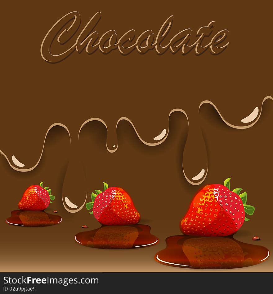 Illustration, strawberry in caramels and fluid chocolate. Illustration, strawberry in caramels and fluid chocolate