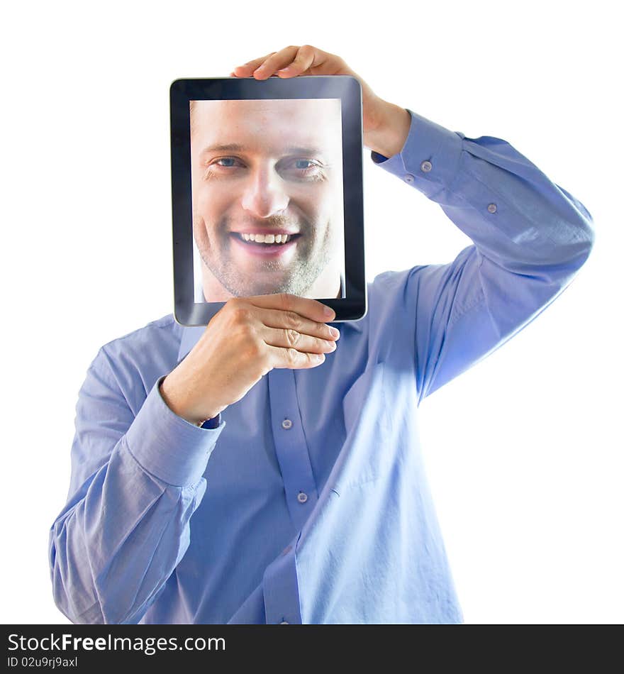 Happy, handsome man on computer screen. Happy, handsome man on computer screen.