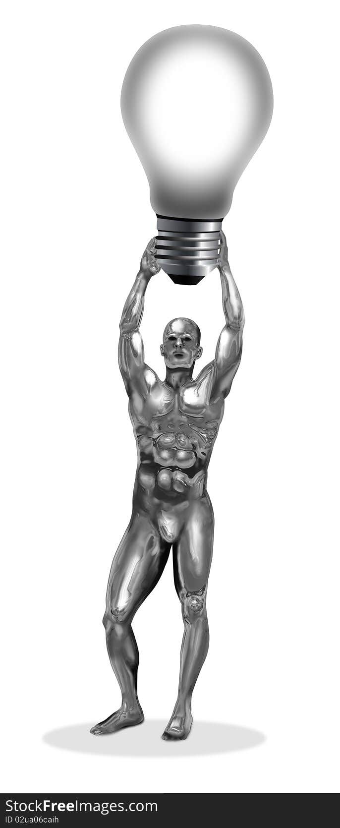 An illustration of a chrome man holding a bulb. An illustration of a chrome man holding a bulb