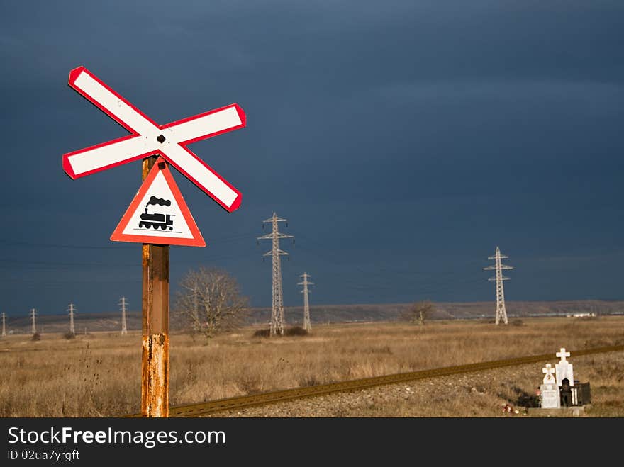 The railway crossing danger warning. The railway crossing danger warning