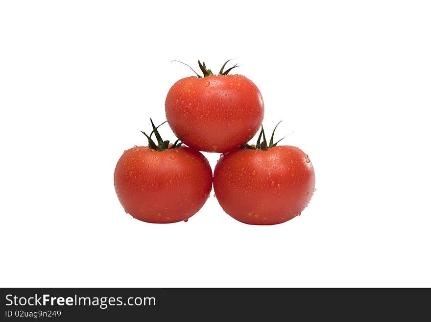 Three of ripe tomatoes with drops of dew on  white background. Three of ripe tomatoes with drops of dew on  white background