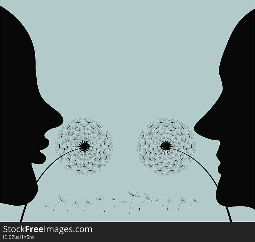 Silhouette of the man and the woman, blowing on a dandelion