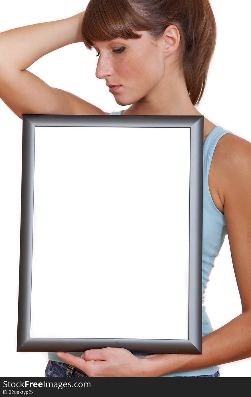 Sad woman with empty picture frame isolated on white. Sad woman with empty picture frame isolated on white