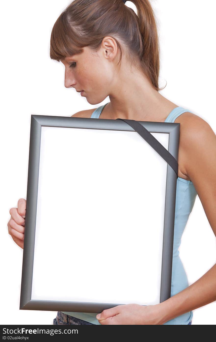 Sad woman holding empty picture frame with black band isolated on white