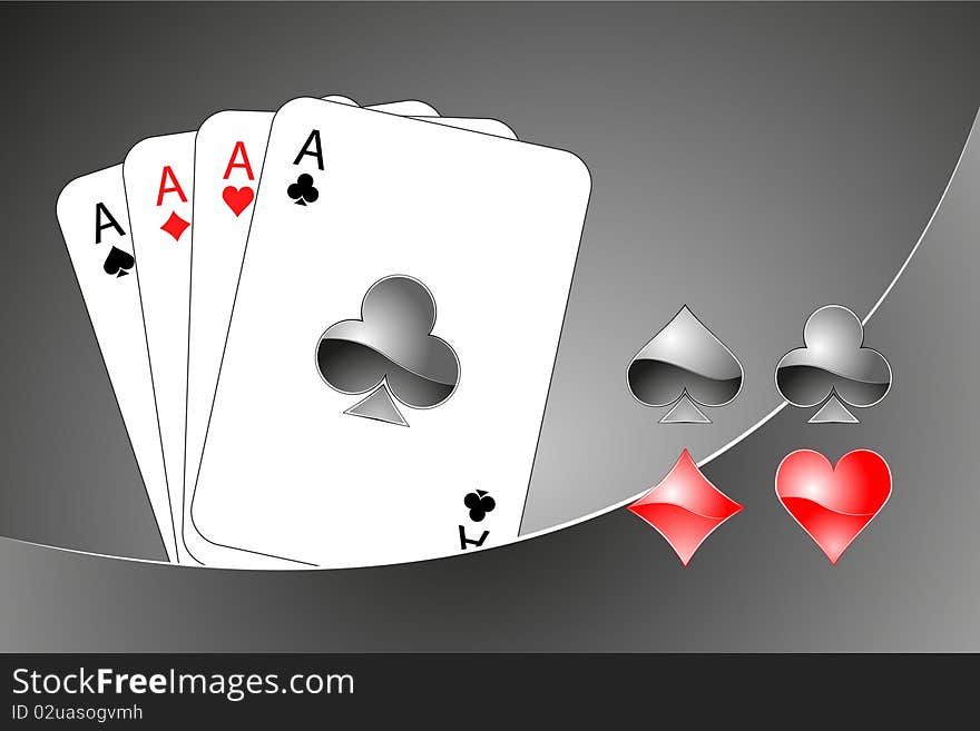 Casino illustration (black and red cards, suits, chips)