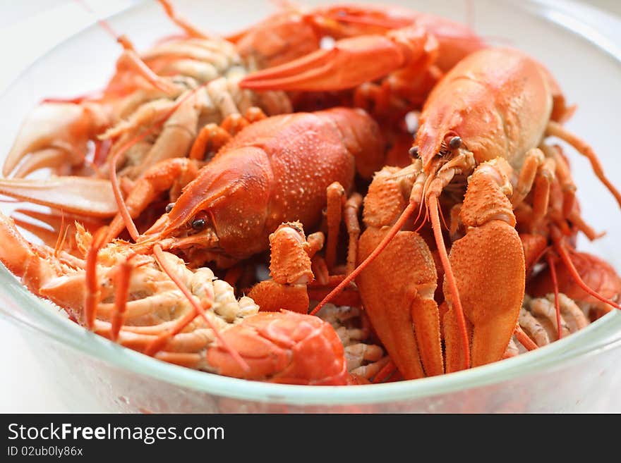 Many boiled red crawfishes on glass plate. tasty s