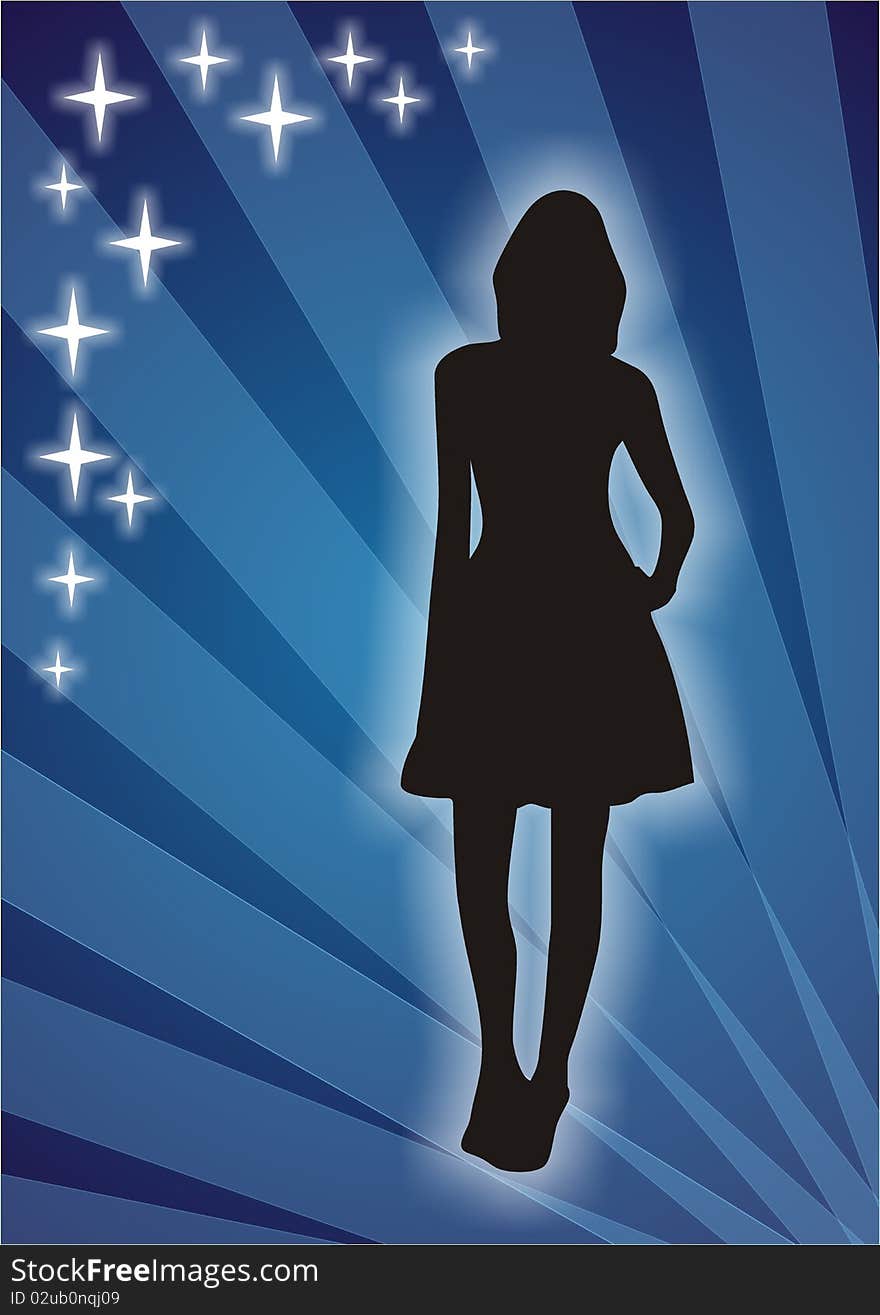 Fashion model silhouette with blue background and shining stars.