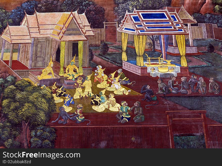 Oil color painting , a story of an angel and Hanuman , at the Temple of the Emerald Buddha , Bangkok ,