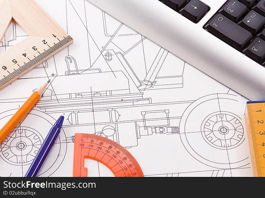 Keyboard, pens and ruler on drafting. Keyboard, pens and ruler on drafting