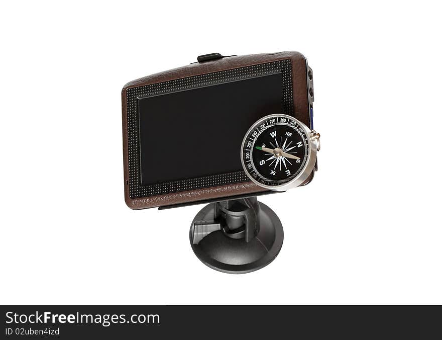 Car navigator and compass isolated on white background with clipping path. Car navigator and compass isolated on white background with clipping path